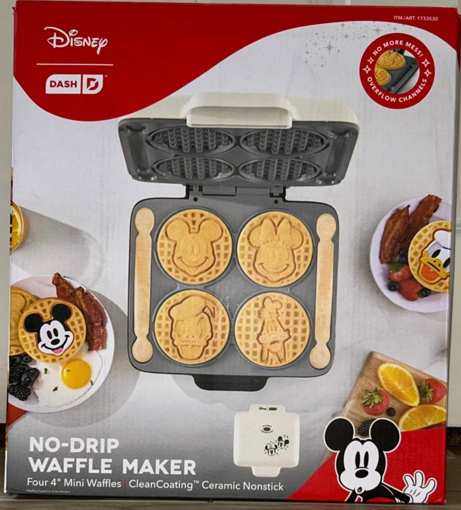 Dash Disney Mickey & Friends No Drip Nonstick Waffle Maker New In Box