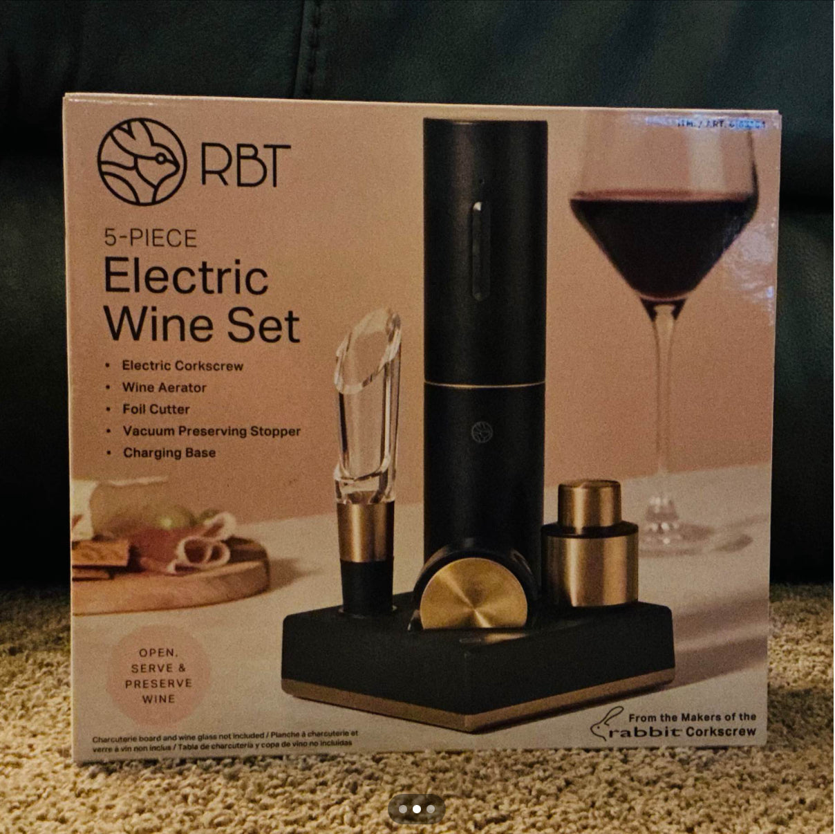 Rabbit Electric Wine Aerator & Corkscrew 5 Piece Set Black & Gold New In Box
