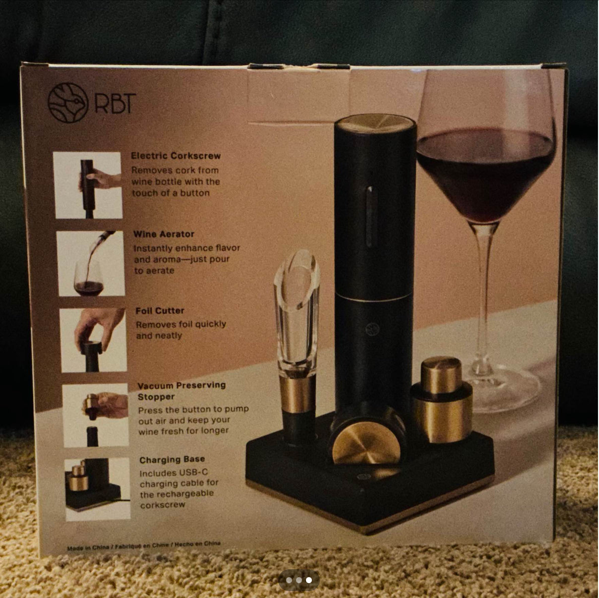 Rabbit Electric Wine Aerator & Corkscrew 5 Piece Set Black & Gold New In Box